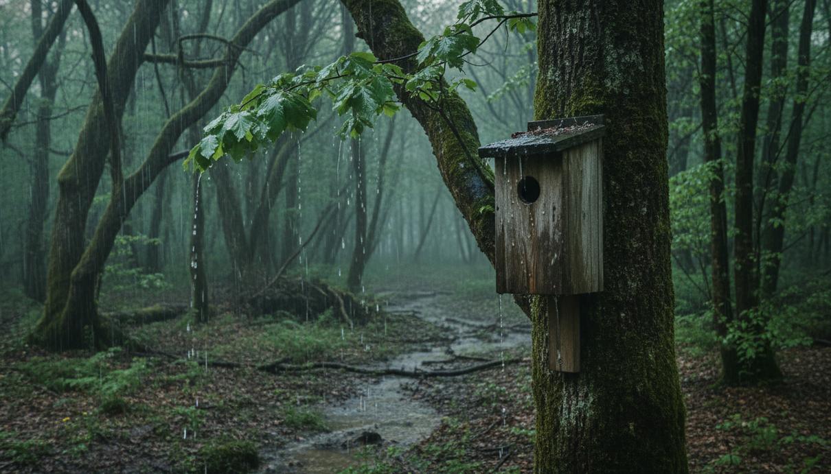 Деревянный скворечник на стволе старого дуба в лесу во время весеннего ливня, мокрые зеленые листья.