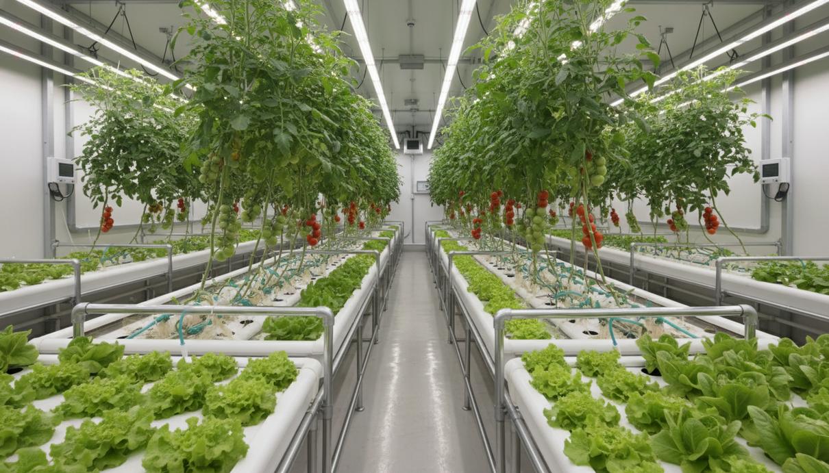 Ряды кустов томатов и зеленого салата, выращиваемых в закрытом помещении с системой гидропонного орошения.