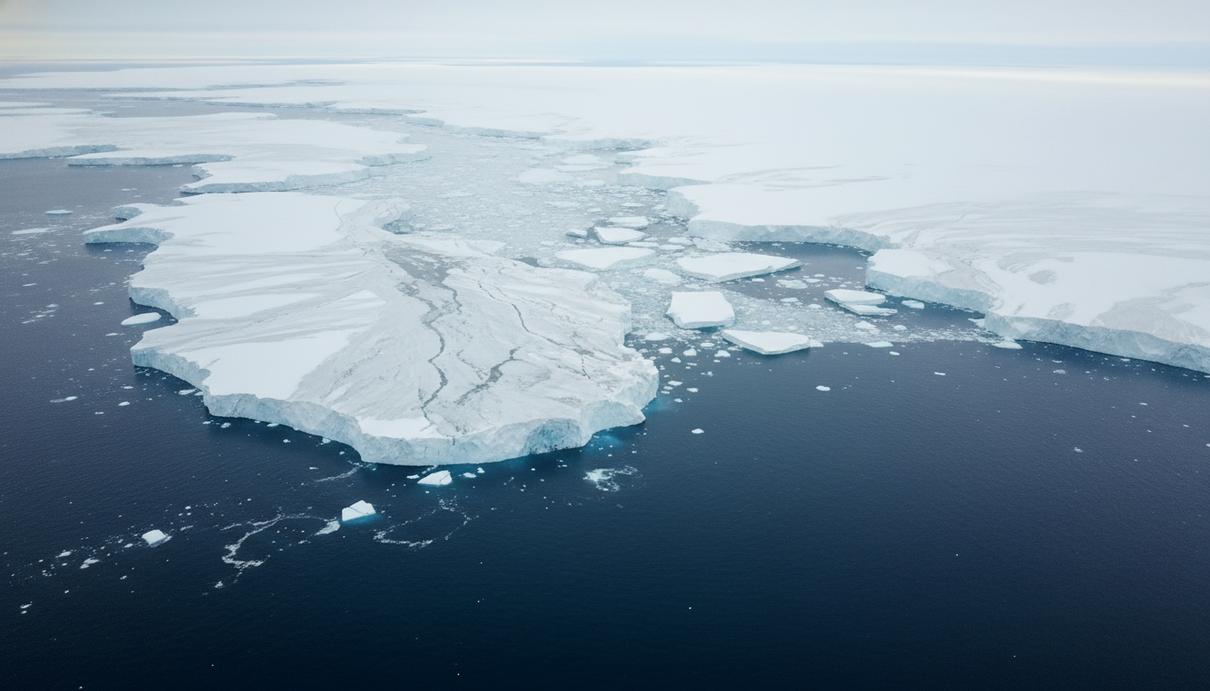 Вид сверху на тающий полярный ледниковый щит и массивные отколовшиеся льдины, дрейфующие в темной воде океана.