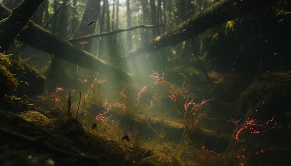 Мутный пресноводный водоем в затененном лесу с микроскопическими зелеными водорослями при слабом освещении.