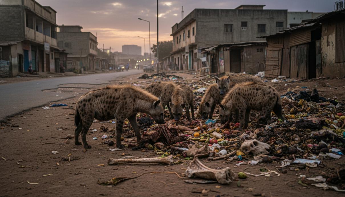 Пятнистые гиены ищут еду среди органических остатков на грунтовой обочине дороги на фоне городских зданий.