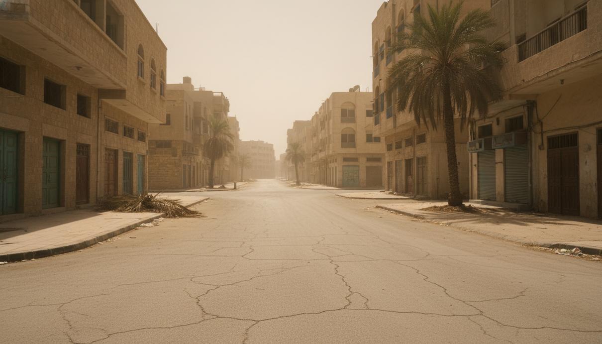 Пустая городская улица под палящим солнцем. Раскаленный асфальт, эффект марева в воздухе и резкие тени от зданий.