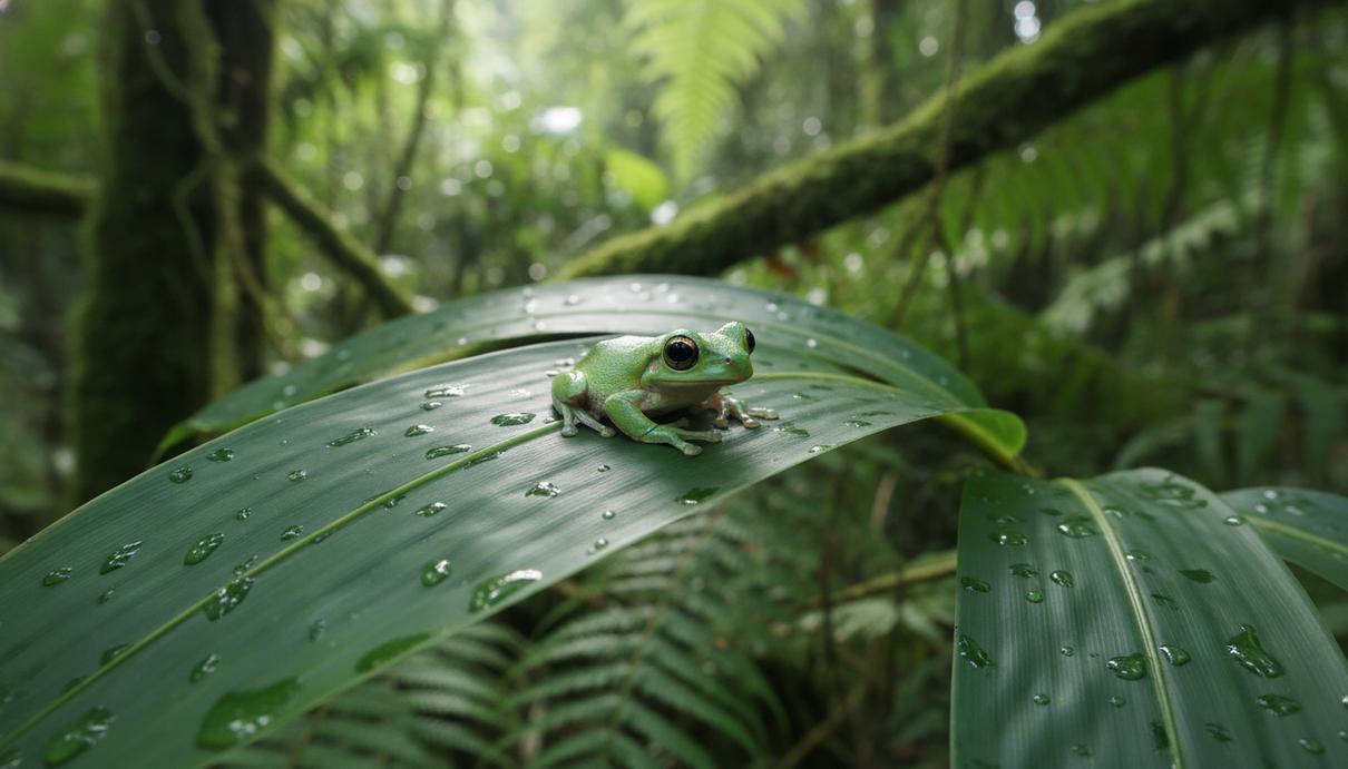 Маленькая древесная лягушка сидит на зеленом листе бамбука в густом лесу среди влажной растительности.