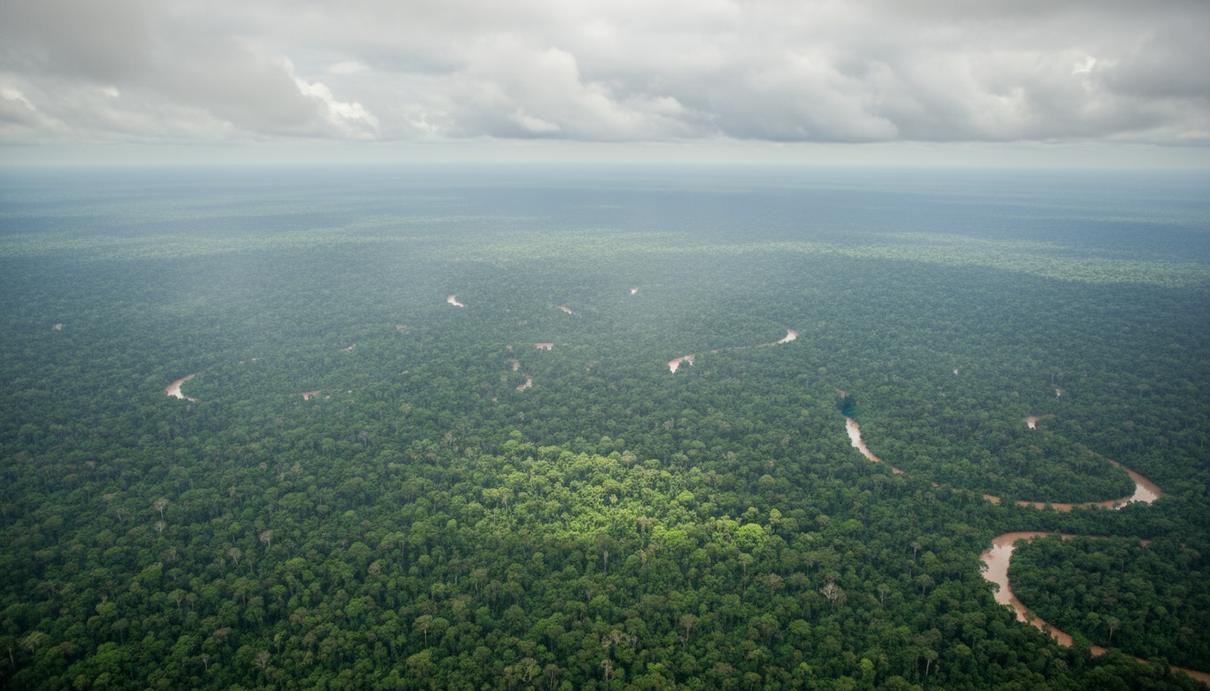 Густой зеленый тропический лес с высоты птичьего полета. Бескрайний массив крон деревьев под облачным небом.