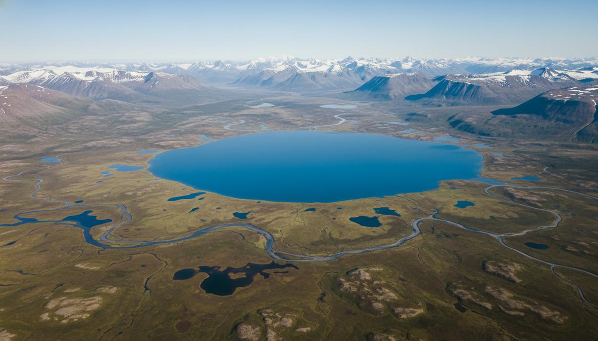 Вид на арктическую тундру с большим озером, заболоченными равнинами и заснеженными горами на заднем плане.