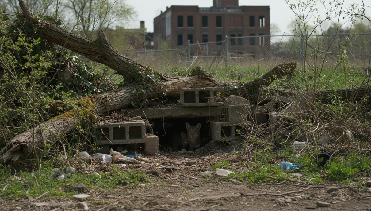 Логово койота среди поваленных деревьев и строительного мусора на заросшем городском пустыре.