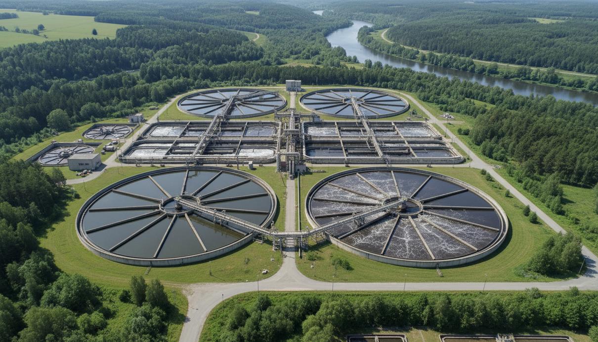 Промышленные резервуары очистных сооружений с водой, металлические трубы и насосные станции на фоне зеленых деревьев.