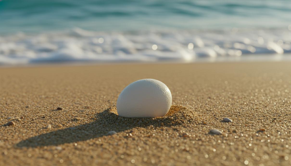 Одно белое яйцо морской черепахи лежит на песчаном пляже на фоне размытых океанских волн.