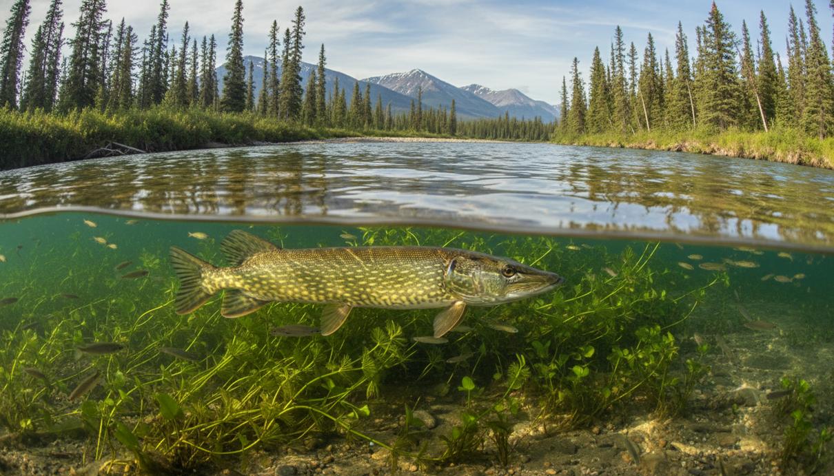 Северная щука плывет под водой в прозрачной реке среди зеленых водорослей над каменистым дном, освещенным солнцем.