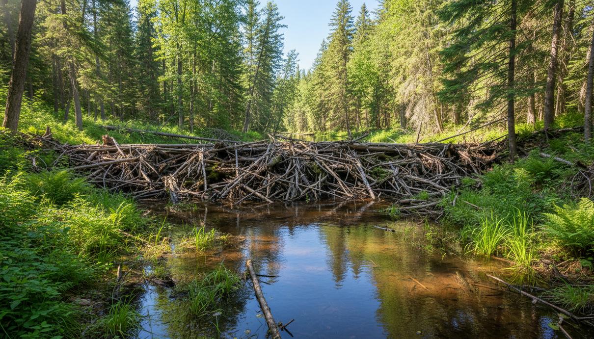 Бобровая плотина на лесном ручье. Заболоченные берега с зеленой растительностью и скоплением поваленных деревьев.