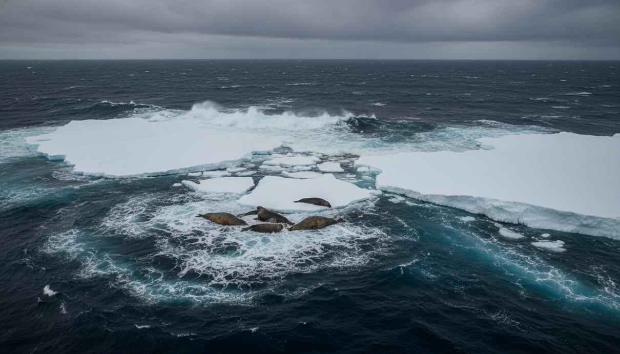 Бурные темные воды Южного океана омывают расколотые края антарктического льда, в воде плавают морские слоны.