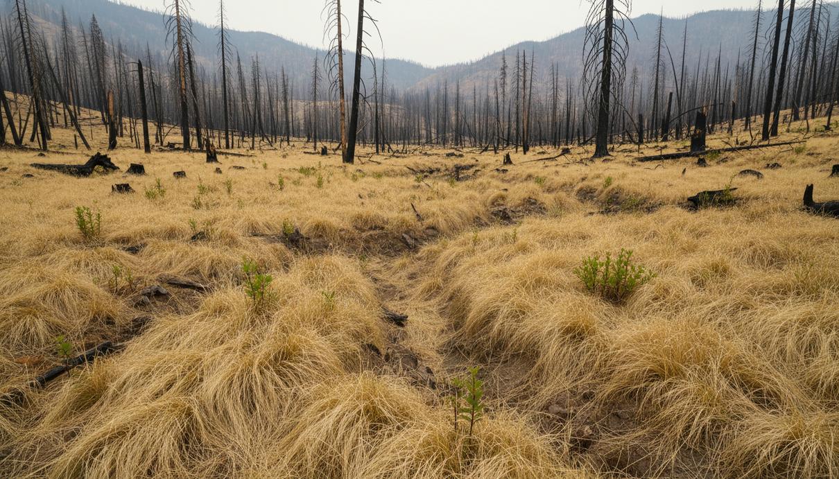 Выгоревший лес с обугленными стволами деревьев, земля покрыта густой сухой желтой травой и редким зеленым кустарником.
