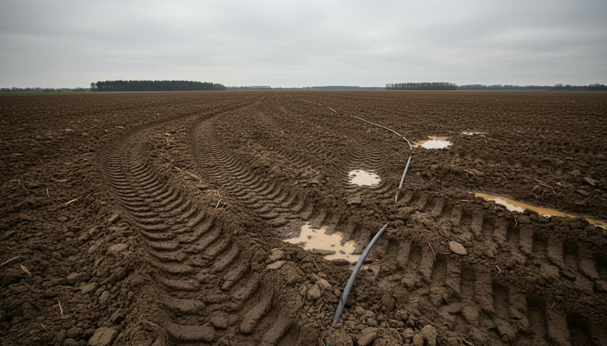 Вспаханное поле со следами трактора, лужами на поверхности земли и проложенным вдоль борозды кабелем.