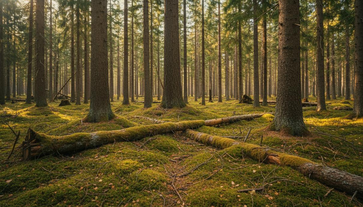 Высокие сосны и ели в густом северном лесу. На земле лежит плотный слой зеленого мха, опавшей хвои и сухих веток.