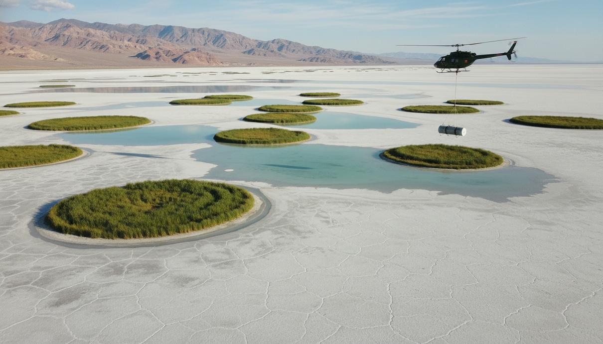 Пересохшее дно соленого озера с островками воды и круглыми холмами, поросшими высоким зеленым тростником, на фоне гор.