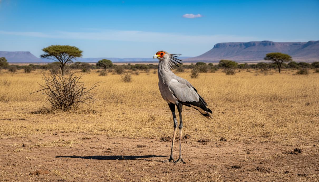 Птица-секретарь стоит на сухой траве в африканской саванне на фоне открытого горизонта и ясного неба.