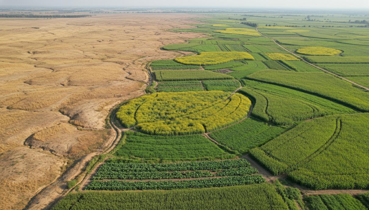 Сельскохозяйственный пейзаж, разделенный на участки с сухой потрескавшейся почвой и густыми зелеными посевами.