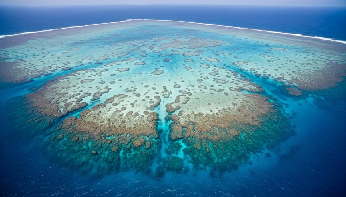 Вид сверху на коралловый риф в прозрачной океанской воде с участками ярко-белых обесцвеченных кораллов.