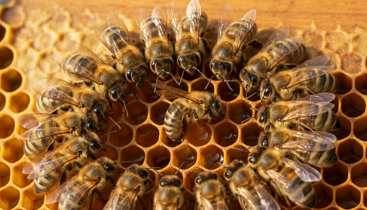 Крупный план группы медоносных пчел на восковых сотах внутри деревянного улья при естественном освещении.