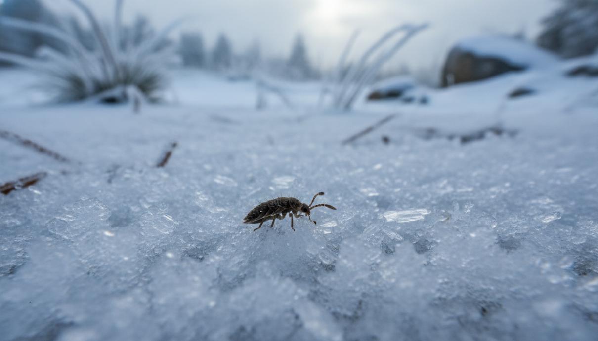Маленькое бескрылое насекомое темного цвета ползет по поверхности матово-белого снега рядом с кристаллами льда.