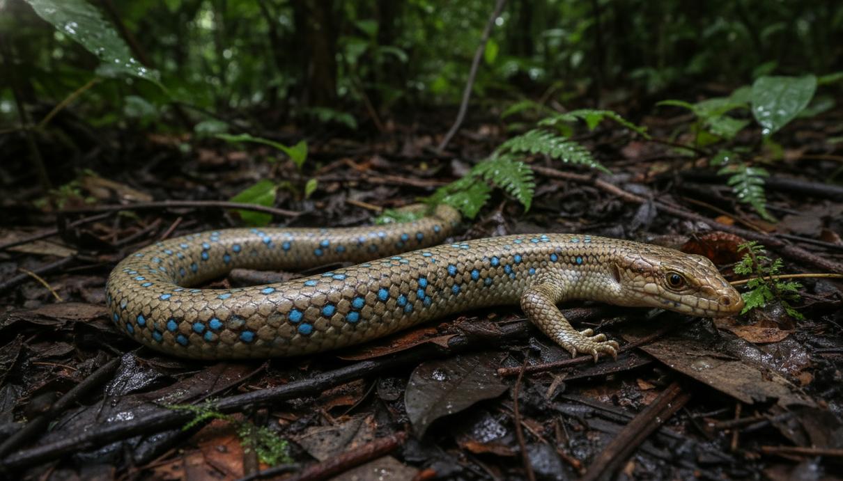 Безногая ящерица бледно-коричневого окраса с синими пятнами лежит на влажных опавших листьях в лесу.