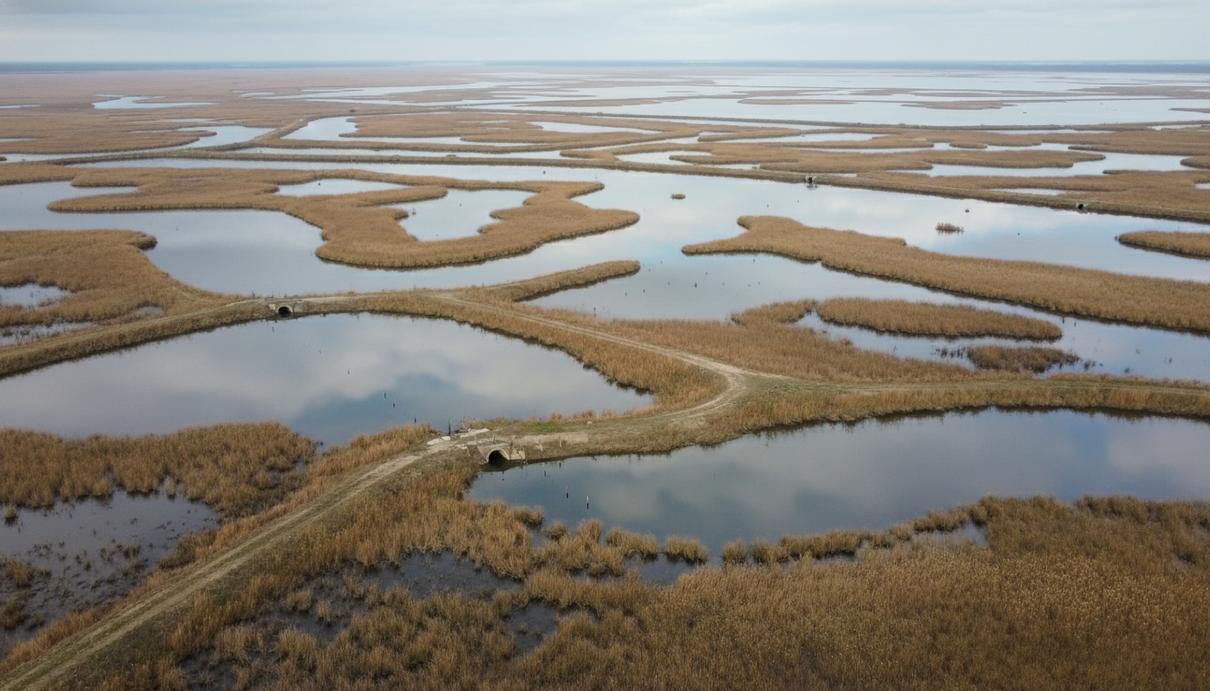 Вид сверху на мелководные заболоченные водоемы, разделенные земляными дамбами и поросшие густой травой.