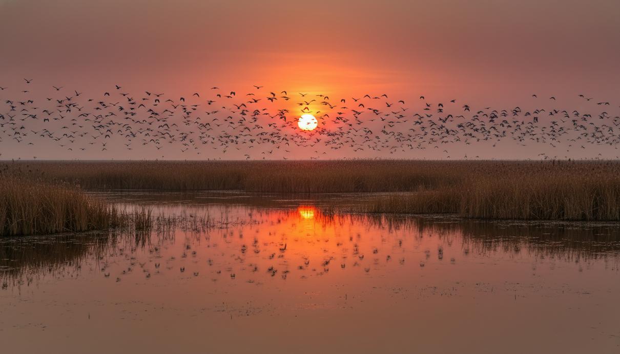 Стая перелетных птиц летит над заболоченной местностью с густыми зарослями камыша в вечерних сумерках.