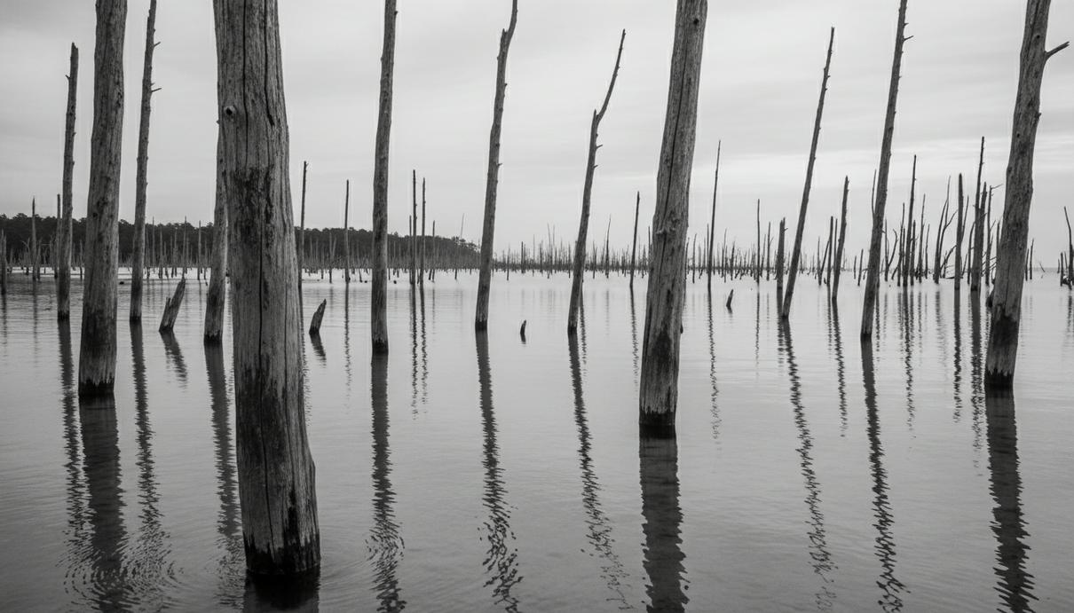 Сухие серые стволы мертвых деревьев, стоящие в мелкой воде на морском побережье.