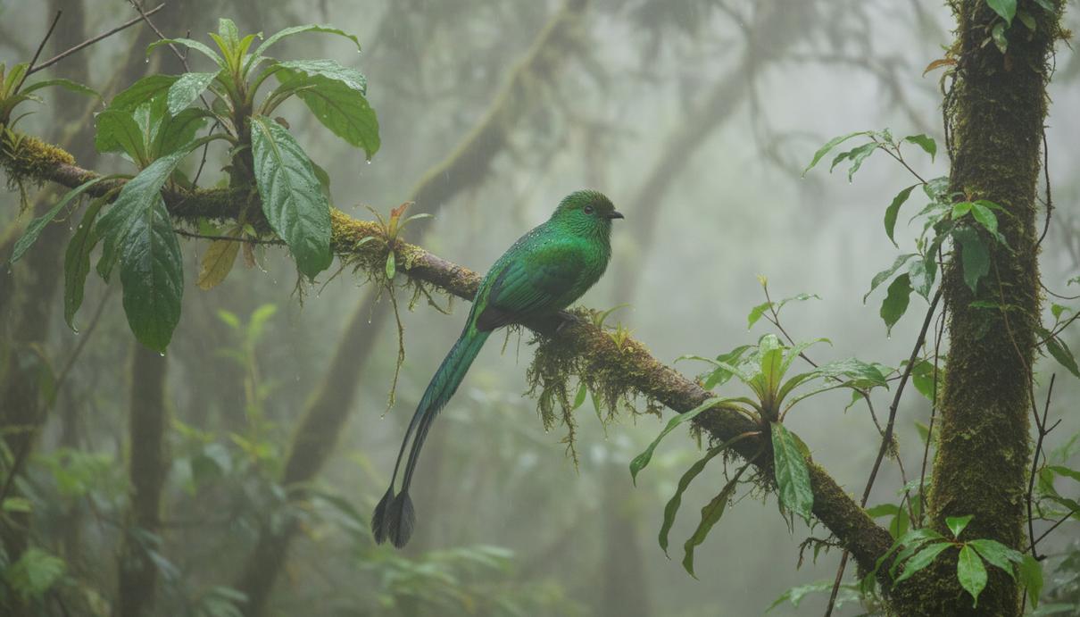 Тропическая птица на ветке среди густой влажной листвы в туманном лесу.