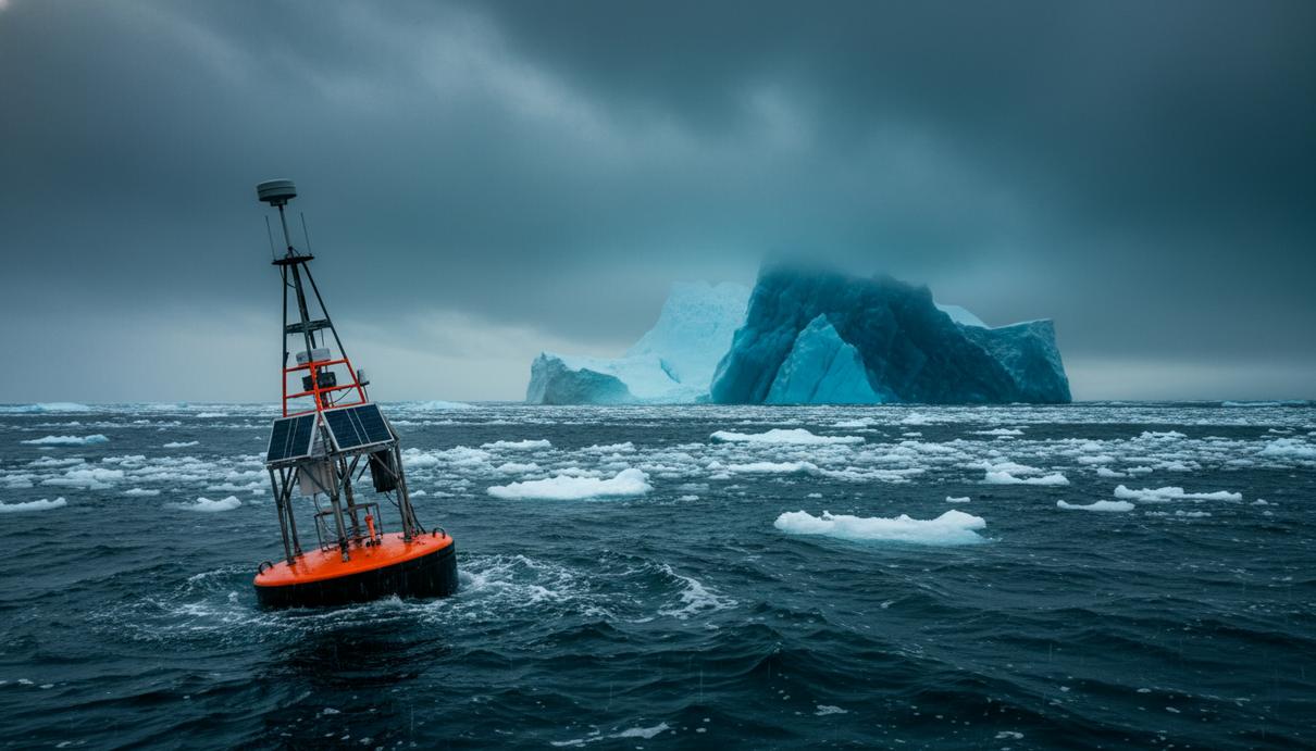 Автономный океанический буй в холодных водах на фоне массивного айсберга и штормового неба у берегов Антарктиды.