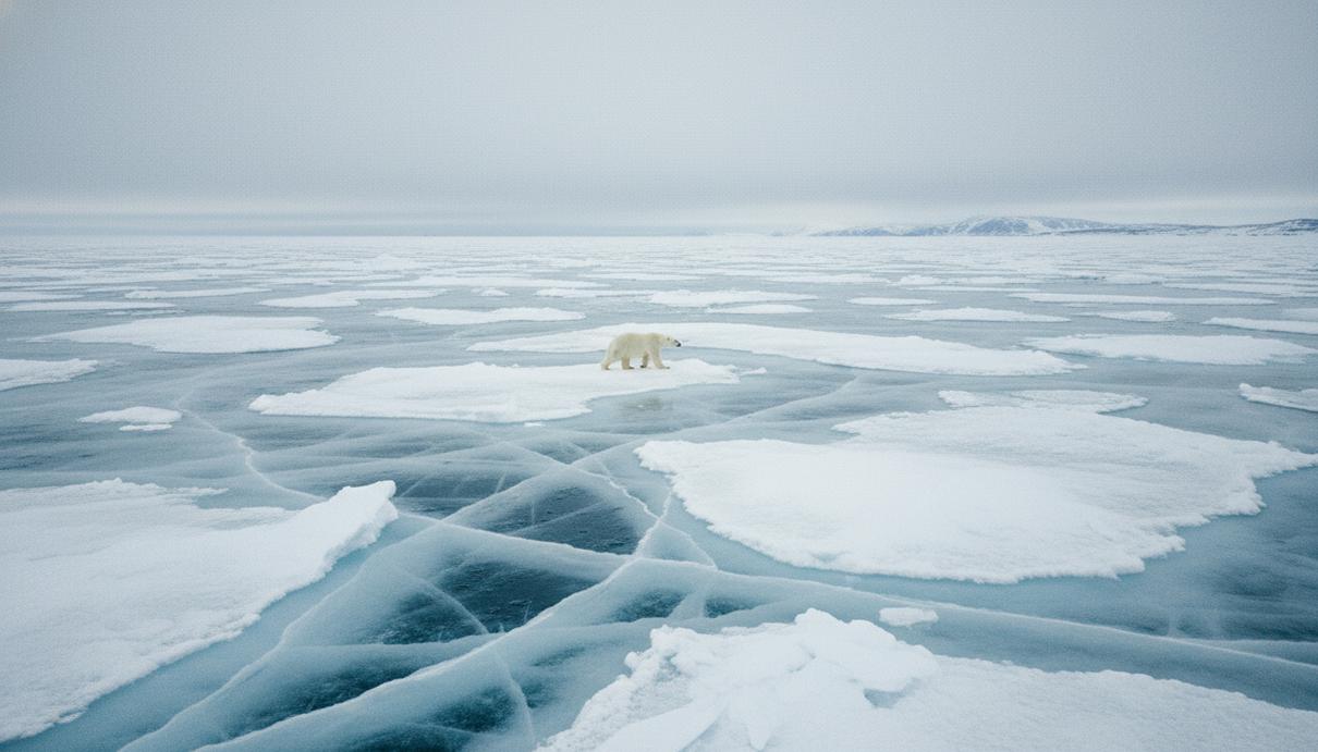 Белый медведь идет по потрескавшемуся льду на фоне холодных вод Гудзонова залива под пасмурным небом.