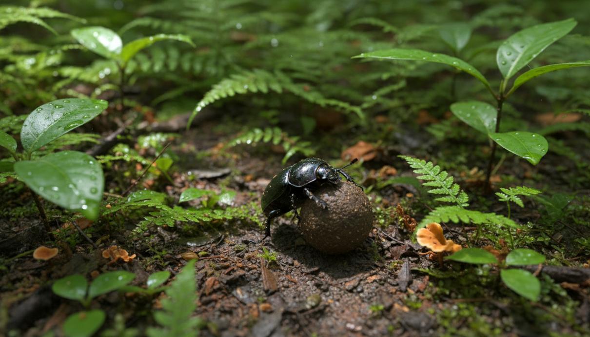 Крупный план жука-навозника на влажной почве среди опавшей листвы и зеленой растительности в лесу Амазонии.