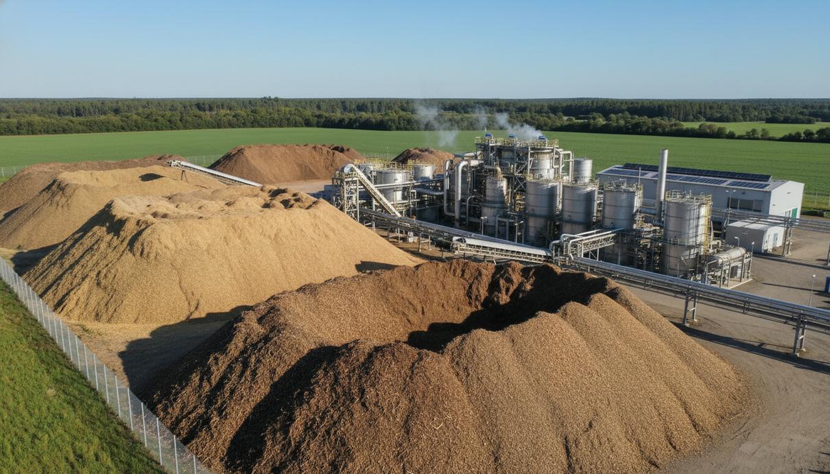 Завод по переработке биотоплива с металлическими резервуарами и трубами рядом с кучами соломы и древесной щепы.