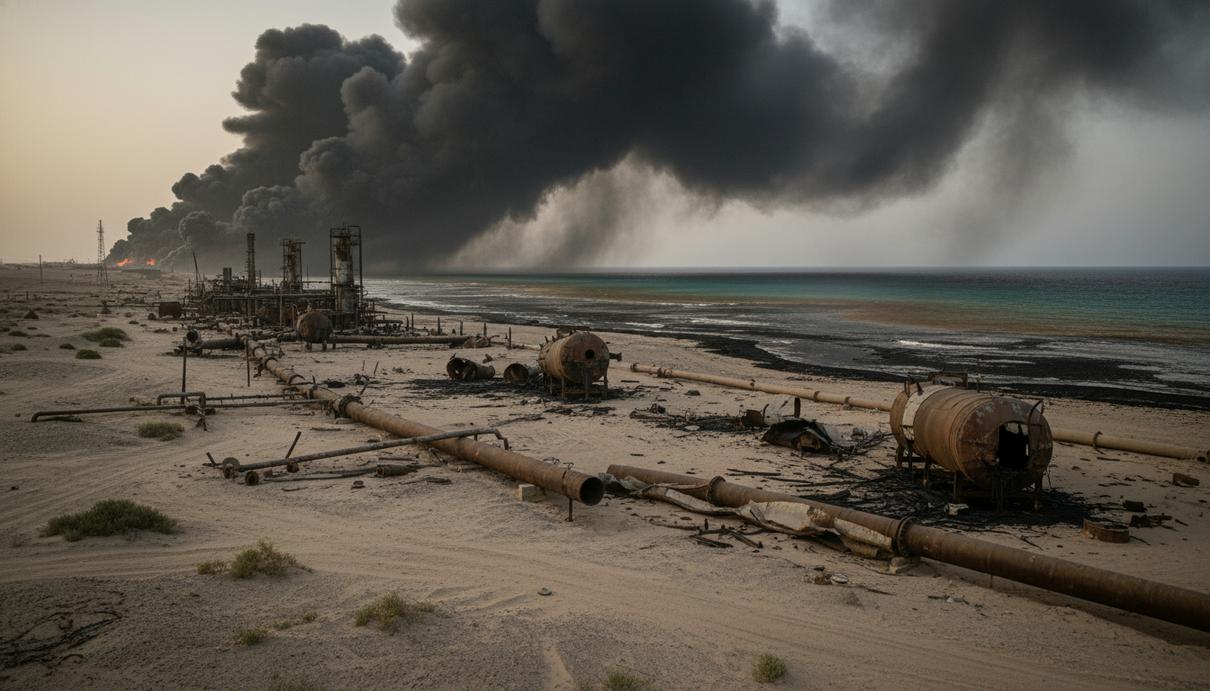 Горящие резервуары нефтеперерабатывающего завода на побережье. В небо поднимается черный дым, на воде видно пятно нефти.