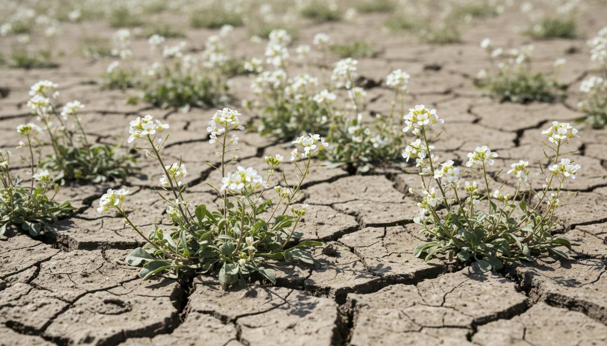 Мелкие белые цветы резуховидки Таля, прорастающие сквозь сухую потрескавшуюся почву на экспериментальном участке.
