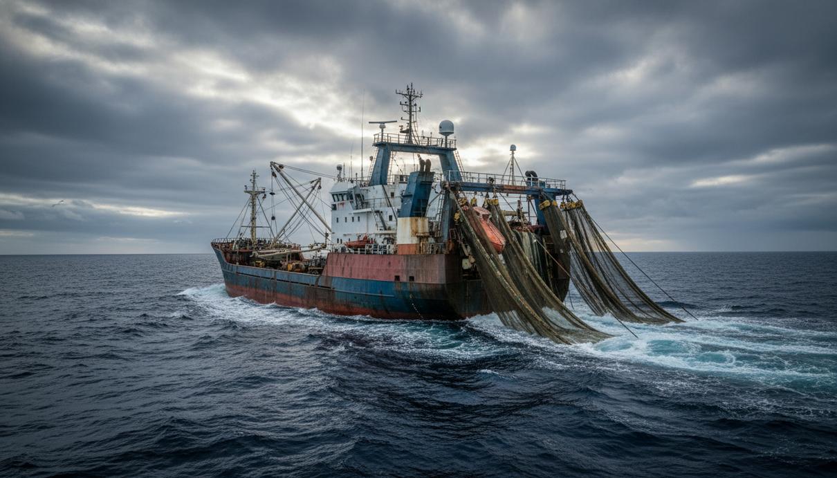 Большой промышленный рыболовецкий траулер с массивными сетями в открытом море под облачным небом