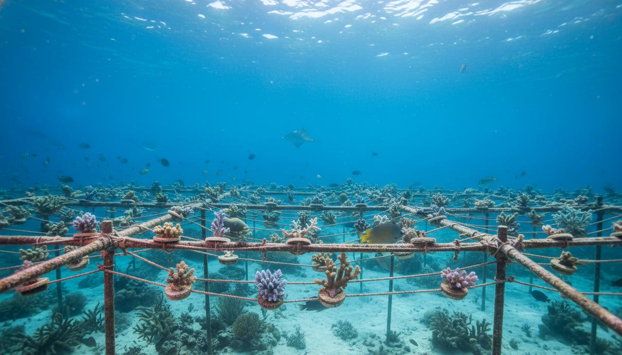 Подводный питомник для выращивания кораллов: металлические каркасы и тросы с закрепленными на них молодыми полипами.