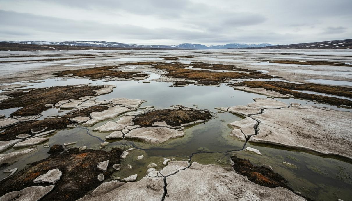 Арктический пейзаж с участками оттаивающей вечной мерзлоты, темным грунтом, потрескавшимся льдом и лужами талой воды.