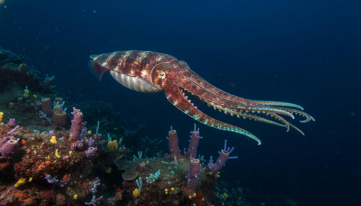 Глубоководный кальмар с биолюминесцентным свечением плывет в темной толще воды океана на фоне каменистого морского дна.