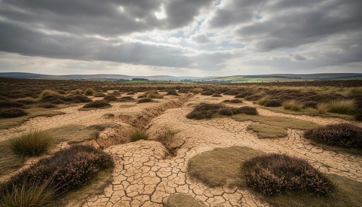 Британская вересковая пустошь с участками сухой земли, редкими болотными растениями и пасмурным небом.