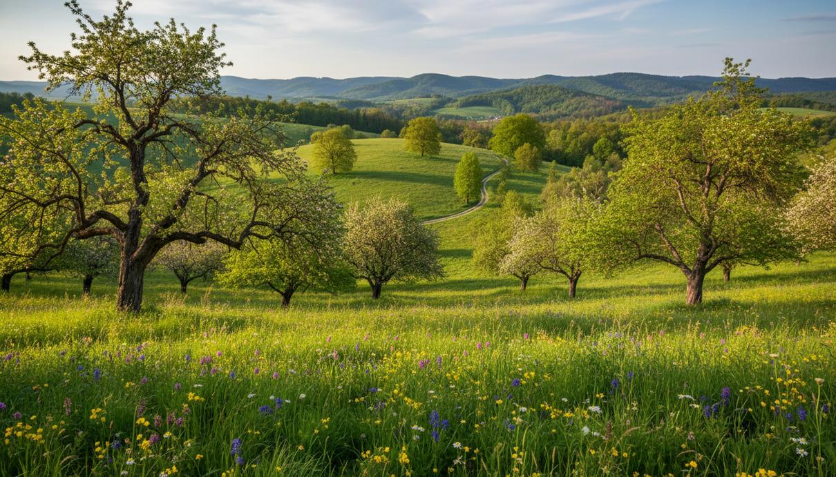 Зеленый холмистый ландшафт с традиционным фруктовым садом и известняковыми лугами в европейской природоохранной зоне.