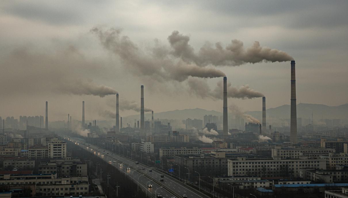 Густой смог над промышленным городом в Китае, дымящиеся заводские трубы и автомагистраль в условиях плохой видимости.