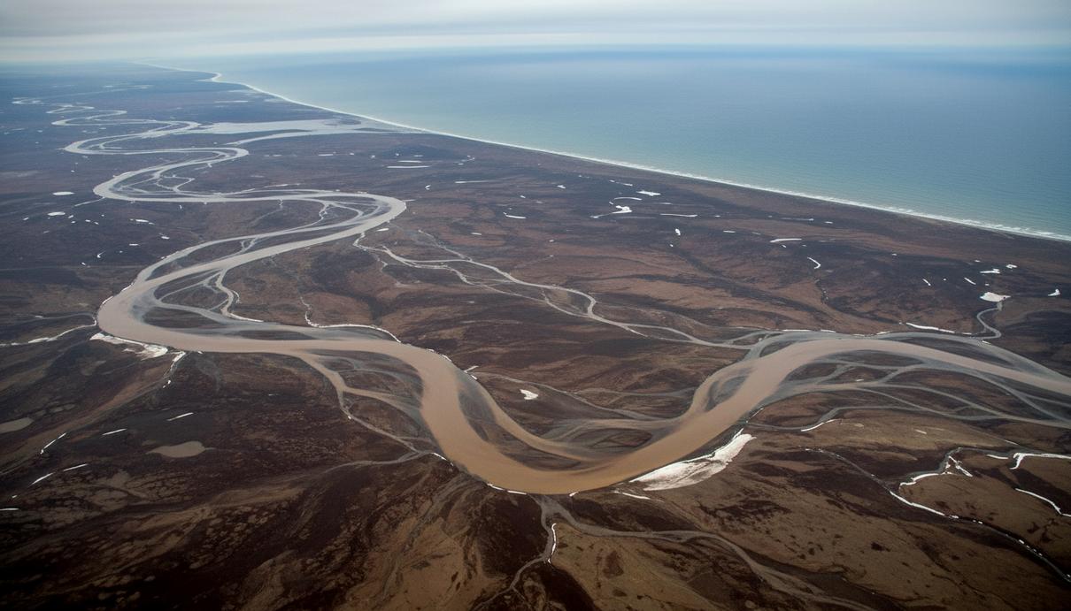 Вид сверху на извилистые реки, протекающие через оттаивающую тундру северной Аляски и впадающие в темные воды океана.