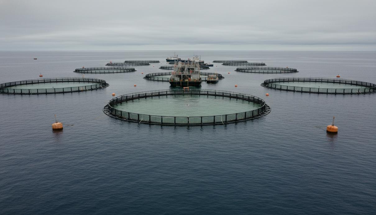 Круглые садки промышленной рыбной фермы в открытом море на фоне темно-синей воды и пасмурного неба.