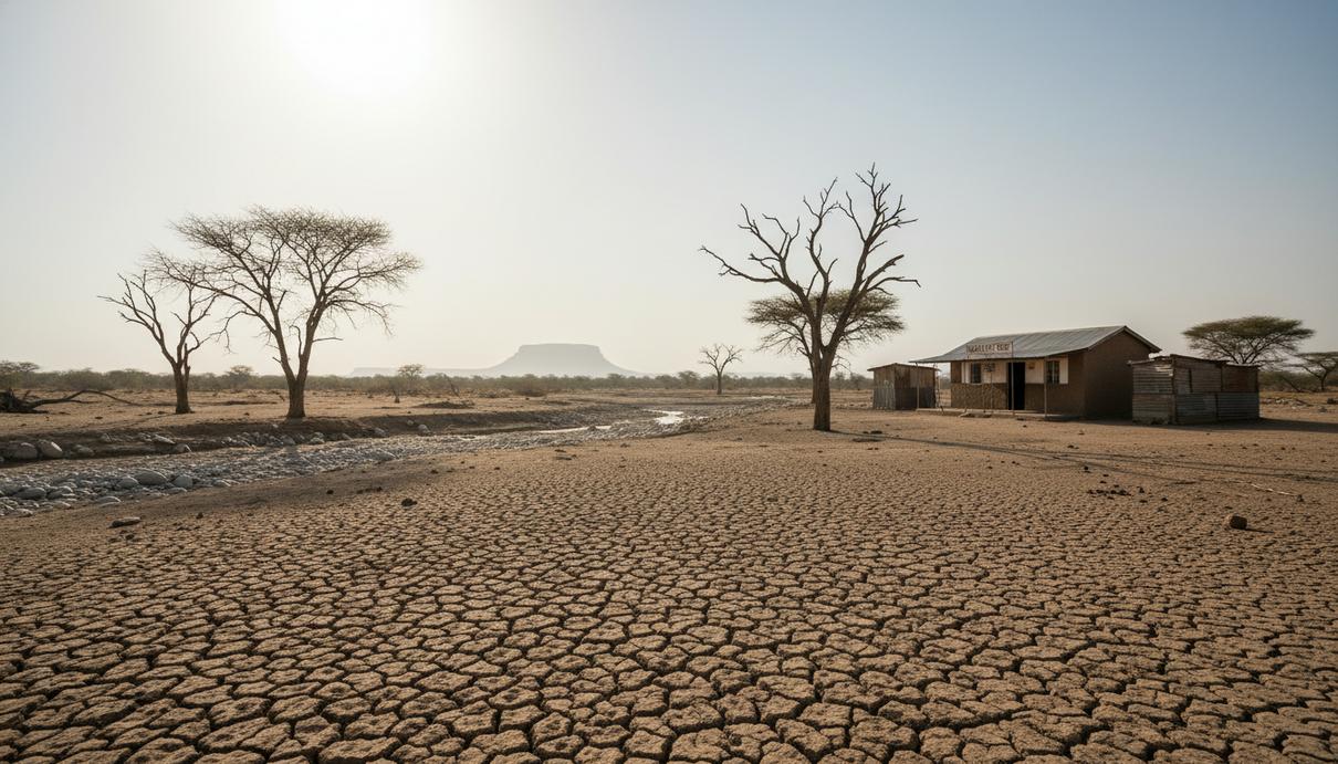Пересохшая растрескавшаяся земля под палящим солнцем в африканской саванне на фоне небольшого сельского медпункта.