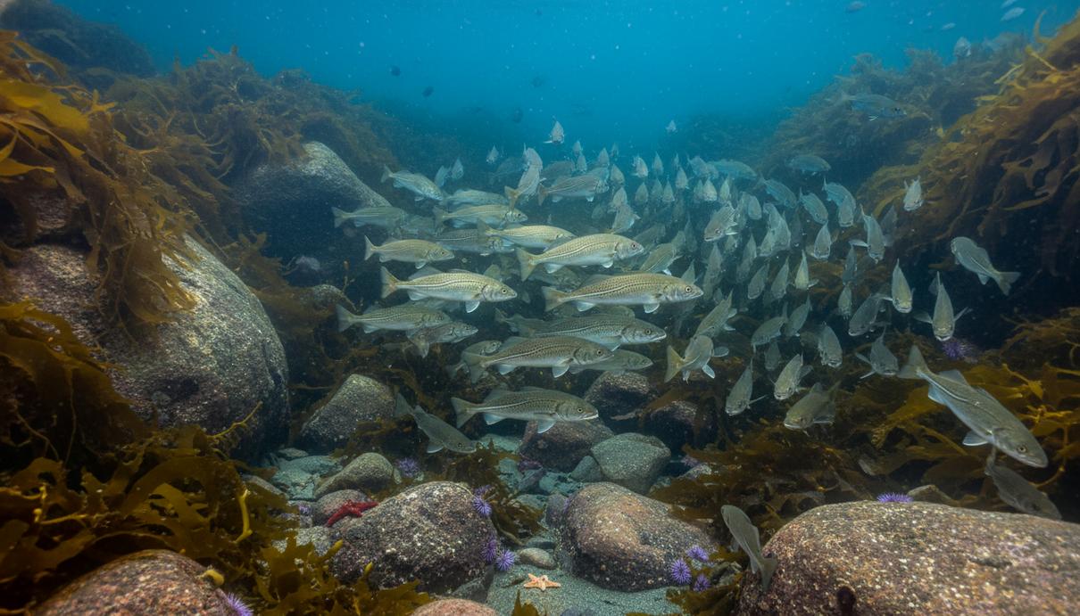 Стая рыб плывет над каменистым дном среди водорослей в темной воде морского залива.