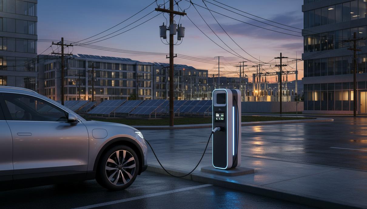 Электромобиль на зарядной станции на фоне городских зданий с солнечными батареями и элементов электросети.