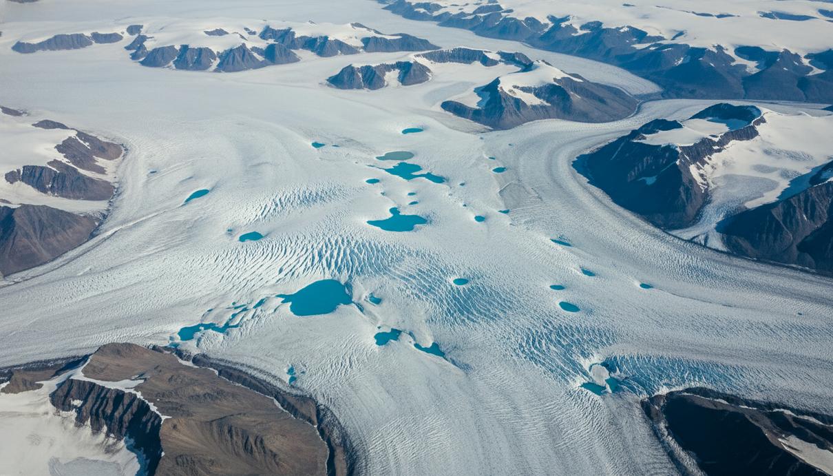 Массивный арктический ледник с глубокими трещинами и участками ярко-синей талой воды среди заснеженных скал.