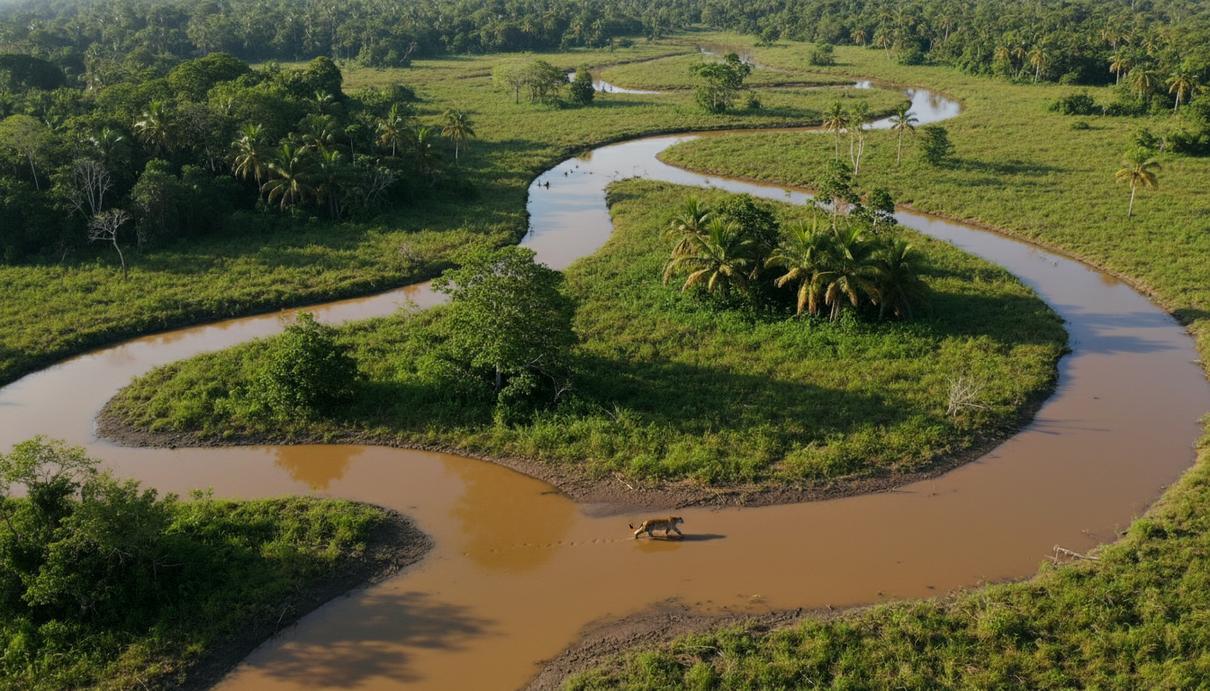 Вид сверху на зеленые заболоченные территории тропиков с извилистой рекой и идущим по берегу ягуаром.
