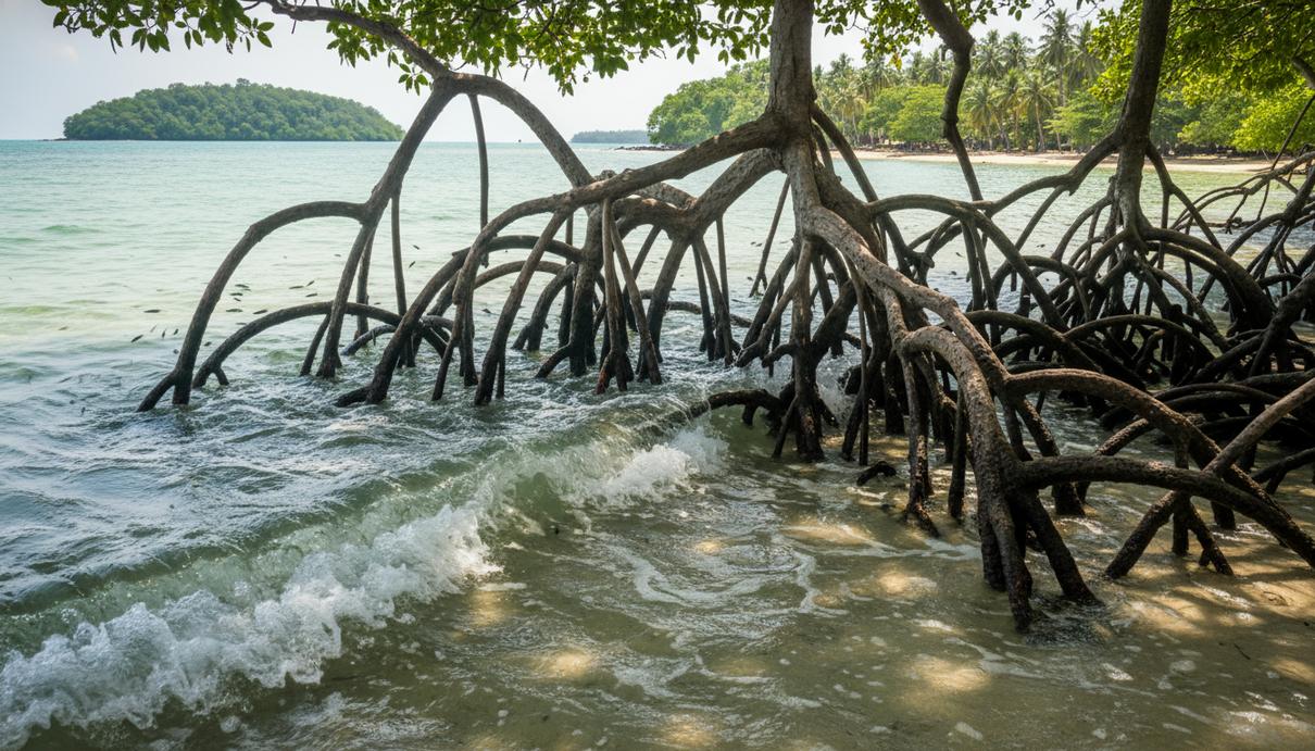 Густые мангровые деревья с разветвленными корнями, частично погруженными в прозрачную морскую воду у побережья.